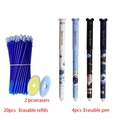 Space-themed erasable pen set with 4 pens, 20 blue refills, and 2 erasers in white background - Astronaut Style Pens And Refills And Erasers / Black Ink