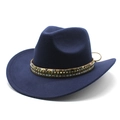 Detailed close-up of navy wool fedora with bohemian textured band and golden chain trim - M (56-58cm) / Navy Blue