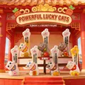 Strong armed lucky cat figurines set with festive red wall background for desk decor - M433 Lucky Cat Set 6 / Full Box Set