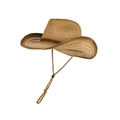 Khaki woven straw cowboy hat with breathable hollow vents and adjustable chin strap - Coffee