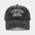 Detailed view of white Limited Edition 1950 embroidery on vintage washed grey cotton baseball cap - Adjustable / 1950 Black