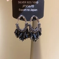 Detail of 925 silver hook on black beaded tassel earrings with crystal floral accents - Gun Black (9# Silver Pin)