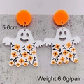 Halloween acrylic earrings featuring orange studs and white floral ghosts on stone surface - JE1011C (White Ghost with Flowers)