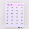 Set of 12 pairs of golden stainless steel leaf stud earrings on a display card - Small Leaf Style (AML03337) / 12 Pairs Set