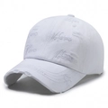Gorra de béisbol de algodón blanco desgastado con bordado y bordes deshilachados - Ajustable / Blanco