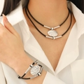 Set collana e bracciale multistrato in cordoncino di pelle nera con ciondoli argento - Set ciondolo ovale con cordino nero (WG-0937+WG-0478)