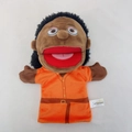 Dark skin plush hand puppet toy wearing orange jumpsuit with functional mouth - Black Mother
