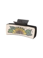 Western style black hair claw clip with a detailed beige sunflower pattern print - Black Beige Sunflower Style (90246)