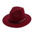 Classic burgundy wool felt fedora hat featuring a black leather band and gold chain - Burgundy