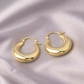 Thick golden horseshoe hoop earrings presented on a grey luxury silk fabric background - Horseshoe Thick Style / E-018---Gold