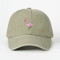 Close-up of pink flamingo embroidery on khaki washed cotton baseball cap with soft top - One Size / Light Khaki