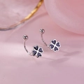 Elegant 925 silver plated four-leaf clover stud earrings with black enamel inlay - Black Enamel Clover (A282)
