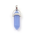 Hexagonal blue crystal stone pillar pendant necklace with silver clasp on white background - Light Blue
