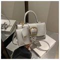 Detail van zilveren PU-leren tas met metalen D-gesp en goudkleurige kettingriem - Zilver