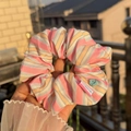 Pink and orange striped fabric scrunchie with button detail and KINGS brand tag - Pink Orange Stripe Single-Layer Scrunchie