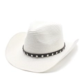 Classic white woven cowboy hat with black studded band and wide brim against white background - M (56-58cm) / White