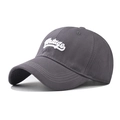 Detail of grey cotton vintage baseball cap with white 3D embroidery and reinforced stitching - Adjustable / Gray