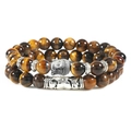 Tiger Eye stone double-layer beaded bracelet with silver Buddha head and sun charms - Tiger Eye Set 2
