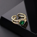 Golden double-band open ring with heart-shaped emerald green gemstone and zircon accents - Double Row Heart Green Stone Style