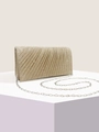 Elegant champagne gold pleated evening clutch with glitter fabric and detachable chain strap - Champagne