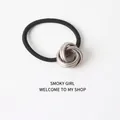 Minimalist elastic hair tie with silver knotted metal buckle in a vintage matte finish - Crisscross Circles - Silver