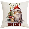 Christmas cat cushion cover in beige linen with festive cat illustration and typography - Two Cats & Christmas Tree-You Me & The Cats