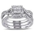 Three-piece silver square cluster engagement ring set with micro-paved cubic zirconia - US 7 / White Gold