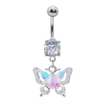 Silver belly button ring featuring a blue and pink gradient butterfly pendant with zircons - Silver Pink Blue Butterfly (24040901-1)