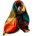 Elegant checkered scarf with orange, yellow and green tones with tassel fringe - 180cm / Old Colorful