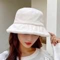 Winter fluffy faux fur bucket hat for women in elegant white color with cozy plush texture - Faux Rabbit Fur Plain Style / White
