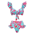 Blue and pink tie-dye high-waisted bikini set with ruffled shoulder straps and side frills - S / Bikini Set (2-Piece)