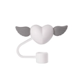 White heart-shaped straw cover with grey wings made of food-grade silicone - White with Grey Wings