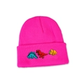 Close-up of bright pink knitted hat featuring colorful cartoon dinosaur embroidery - Kids (50-53cm) / Rose Red