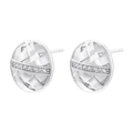 Macro detail of round silver ear studs with woven texture and micro-inlaid zircon - Round Disc Braided Texture (VE1413) / Silver