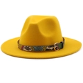 Detail of yellow wool fedora hat featuring a stylish snake skin leather band and gold buckle - L(58-60cm) / Ginger Yellow