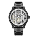 Mechanical watch for men with black hollow skeleton dial and embossed cloud pattern bezel - Black