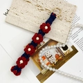 Handmade macrame daisy keychain in navy and red yarn with white beads and gold clasp - Navy Blue and Wine Red