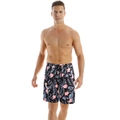Men's beach shorts with pink floral and blue palm leaf print on black background - Pink Floral