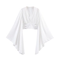 Top corto bianco elegante con scollo a V maniche svasate e dettagli bottoni perla - S / Bianco