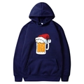 Navy blue Christmas hoodie with a cartoon beer mug wearing a red Santa hat print - S / Tops / Navy Blue - Santa Hat Beer Mug Cartoon (49)