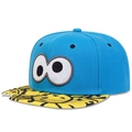 Blue Cookie Monster style snapback hat with yellow brim and embroidery detail - Blue