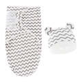 Detail of white newborn swaddle wrap and hat set with grey chevron and bear ear details - Brown Striped Swaddle + Hat Set
