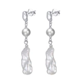 S925 sterling silver drop earrings with natural white baroque pearls on white background - GPE18-P Pearl Tassel Irregular Dangle Earrings / Silver