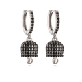 Macro shot of silver bell drop earrings with pavé set black cubic zirconia stones - Platinum Black Zirconia