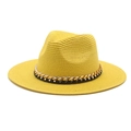 Detail of yellow straw panama hat featuring stylish gold and silver chain band decoration - Adjustable / Yellow