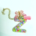 Letter Z resin keychain with colorful heart sequins, pink butterfly and tassel charms - Letter Z