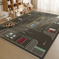 Deep gray children play rug with road parking map and colorful car patterns - Crystal Velvet - Race Track With Cars