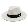 White straw Panama sun hat for men with black ribbon and gold bee emblem - M(56-58cm) / White