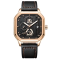 Men's tonneau quartz watch with rose gold case, black dial and leather strap - 6288 Gold Case Black Dial Leather Strap (Non-functional Sub-dials)