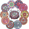 Set of 10 Mandala style diamond painting coasters with a black metal storage holder - Colorful Geometric Mandala Style (BD997)